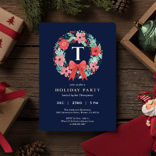 Monogram Red Bow Wreath Blue Christmas Party Gold Foil Holiday Card