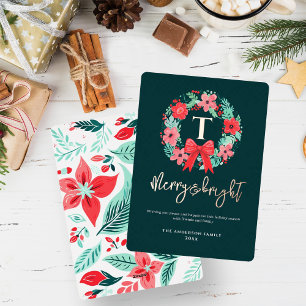 Monogram Red Bow Wreath Green Christmas Foil Holiday Card
