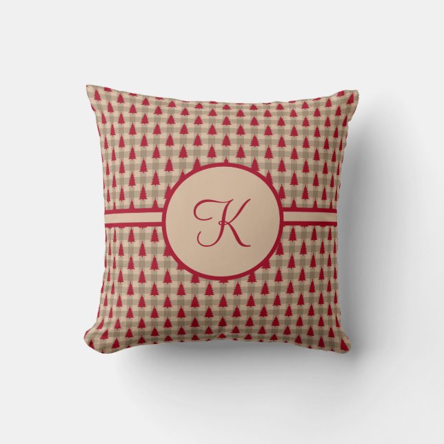 Monogram Red Brown Buffalo Plaid Rustic Country  Cushion (Front)