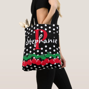 Monogram Red Cherries White Polka Dots Retro Tote Bag