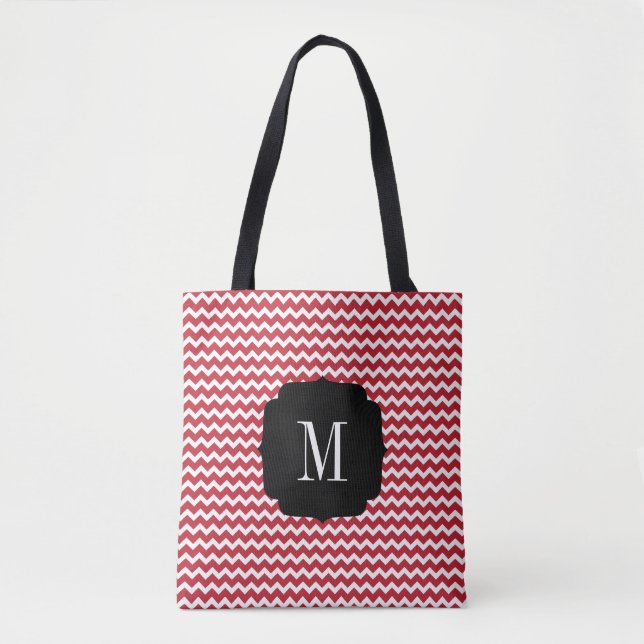 Monogram Red Chevron Holiday Christmas Tote Bag (Front)