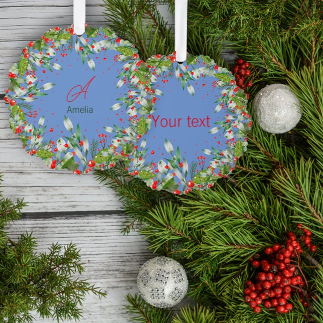 Monogram  Red Christmas blue Classic Round Tree Decoration Card (Creator Uploaded)