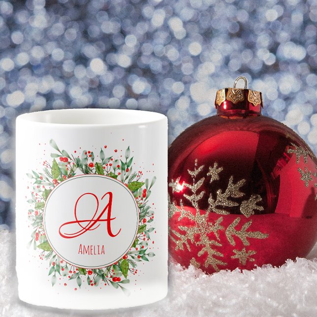 Monogram  Red Christmas elegant letter Coffee Mug (Creator Uploaded)