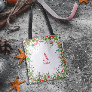 Monogram  Red Christmas elegant letter Tote Bag