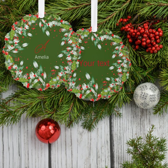 Monogram  Red Christmas green Classic Round Tree Decoration Card (Creator Uploaded)
