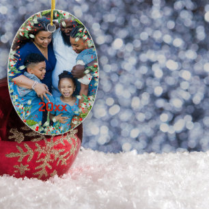 Monogram Red Christmas Green photo Classic Round Ceramic Ornament