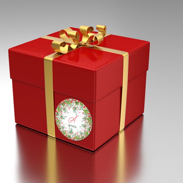 Monogram  Red Christmas Greenery  Classic Round St Classic Round Sticker (Creator Uploaded)