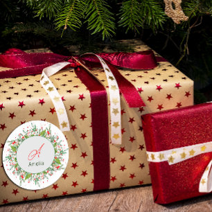 Monogram  Red Christmas Greenery  Classic Round Sticker