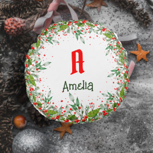 Monogram Red Christmas Greenery name Round Cushion