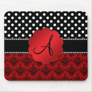 Monogram red damask black polka dots mouse pad