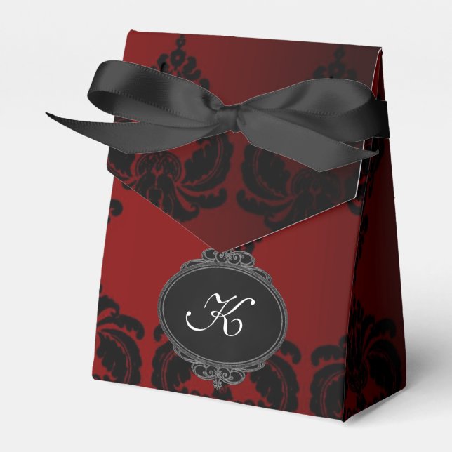 Monogram Red Damask Party Favour Box (Front Side)