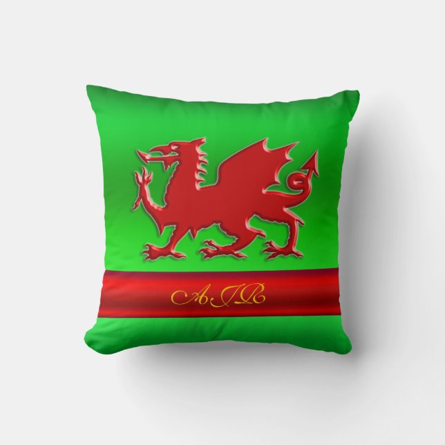 Monogram, Red Dragon on green metallic-effect Cushion (Front)