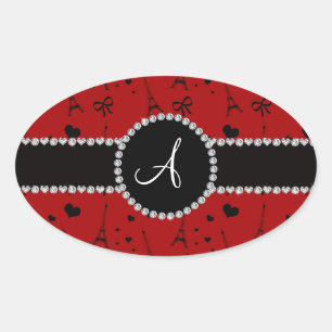 Monogram red eiffel tower pattern oval sticker