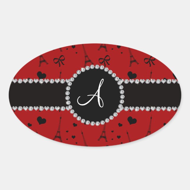 Monogram red eiffel tower pattern oval sticker (Front)