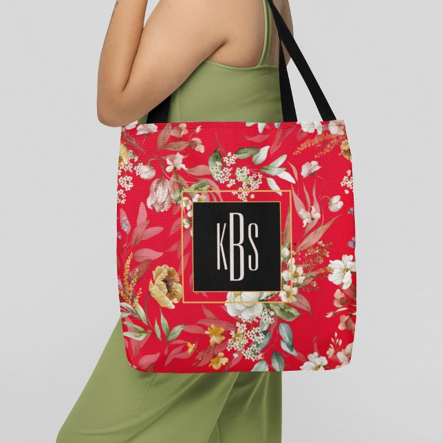 Monogram, Red Fine Art Florals Shoulder Tote  (Creator Uploaded)