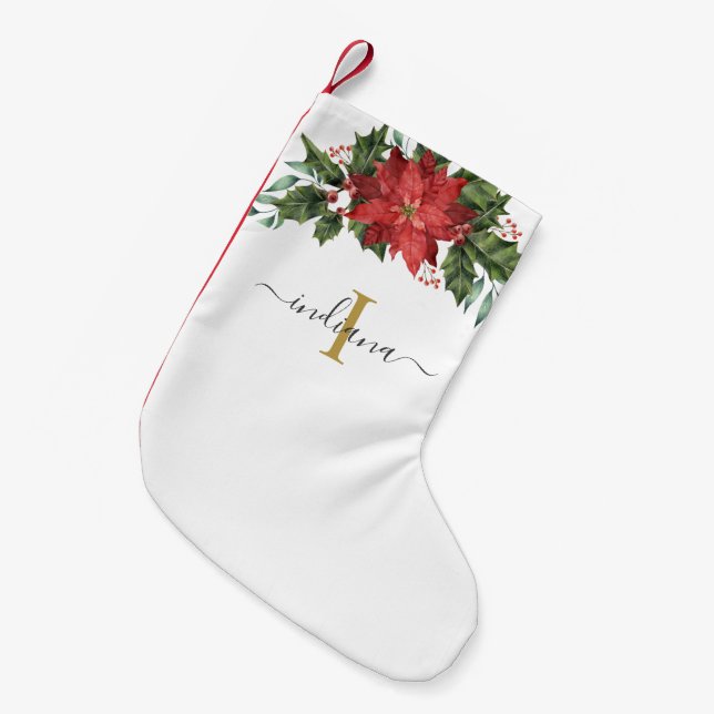 Monogram Red Floral Rustic Christmas Holidays Small Christmas Stocking (Front (Hanging))