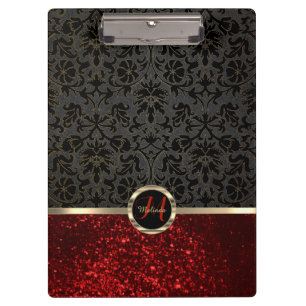 Monogram Red Glitter and Floral Design  Clipboard