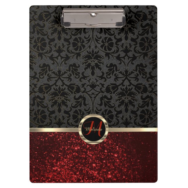 Monogram Red Glitter and Floral Design  Clipboard (Front)