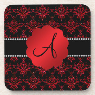Monogram red glitter damask coaster