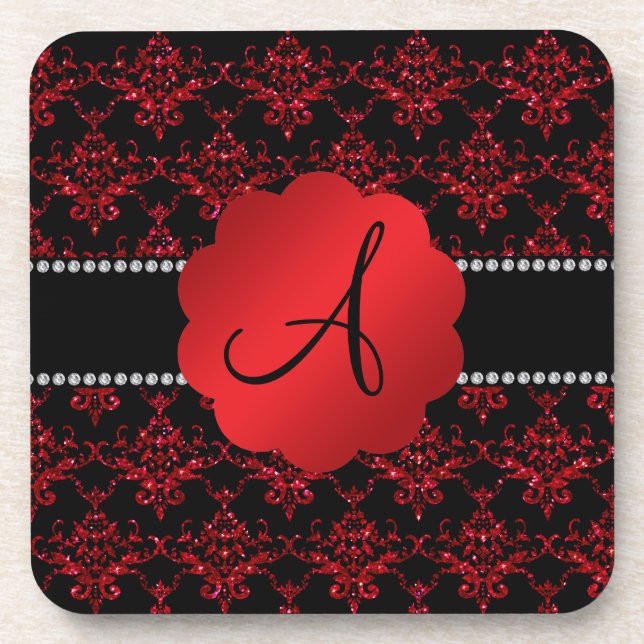 Monogram red glitter damask coaster (Front)