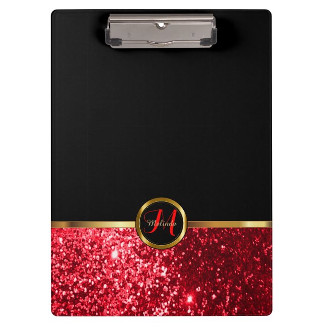 Monogram Red Glitter Design Clipboard (Front)