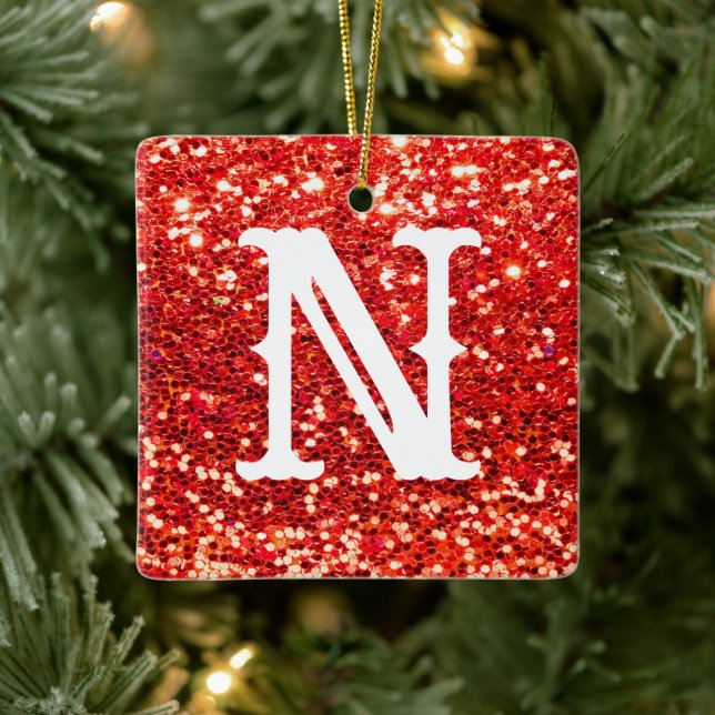 Monogram Red Glitter Metallic Christmas Holiday  Ceramic Ornament (Tree)