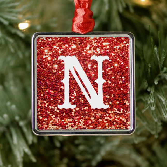 Monogram Red Glitter Metallic Christmas Holiday Metal Ornament (Tree)