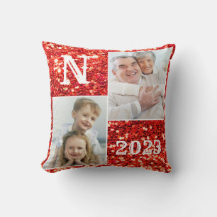 Monogram Red Glitter Photo Christmas Holiday Cushion