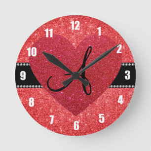 Monogram red glitter red heart round clock
