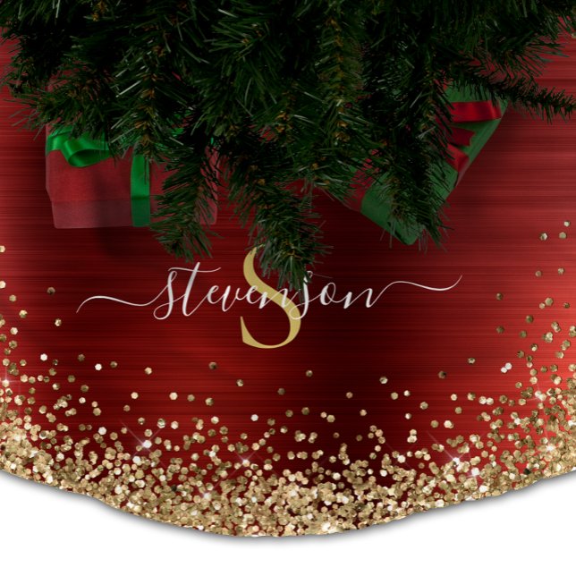 Monogram Red Gold Glitter Girly Glam Brushed Polyester Tree Skirt (Monogram Red Gold Glitter Girly Glam Brushed Polyester Tree Skirt)