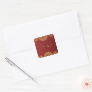 Monogram Red Gold Mandala Indian Wedding Envelope Square Sticker