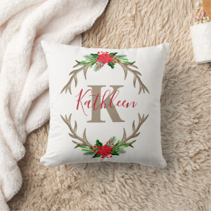 Monogram Red Green Christmas Floral Antlers Cushion