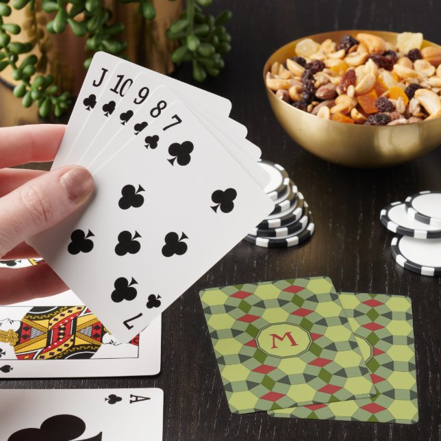 Monogram red green grey tiles playing cards (In Situ)