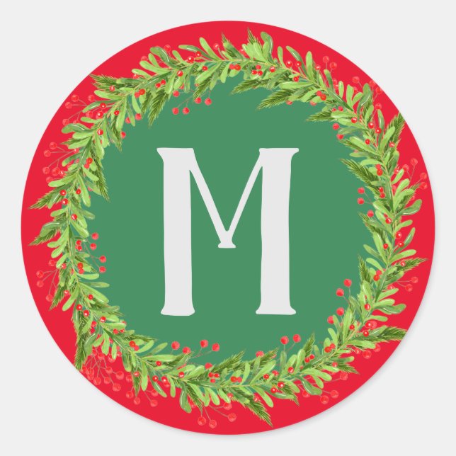 Monogram Red & Green Wreath Christmas Holiday Classic Round Sticker (Front)
