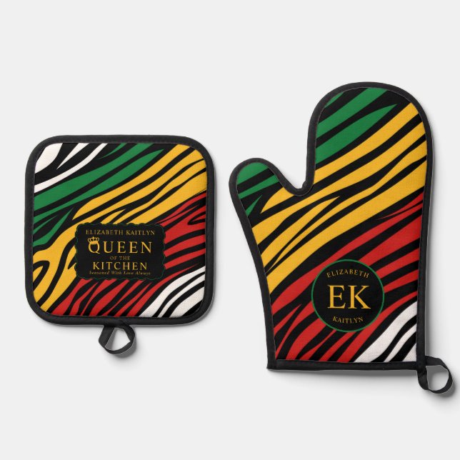 Monogram Red Green Yellow Black History Month Oven Mitt & Pot Holder Set (Front)