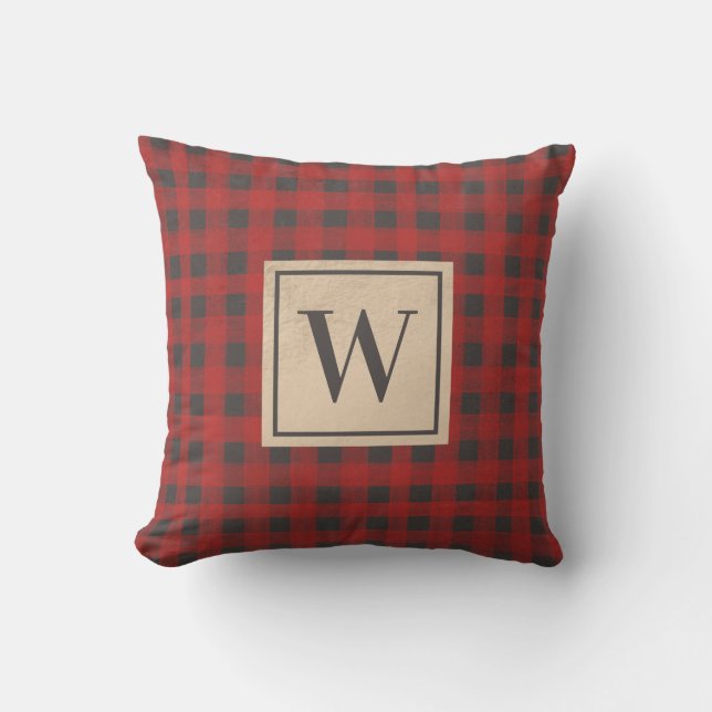 Monogram Red Grey Buffalo Plaid Cushion (Front)
