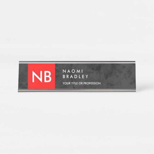 Monogram Red Grey Pattern Modern Desk Name Plate (Front)