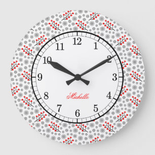 Monogram Red Grey Scandinavian Floral Pattern Large Clock
