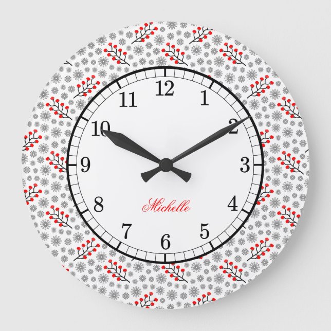 Monogram Red Grey Scandinavian Floral Pattern Large Clock (Front)