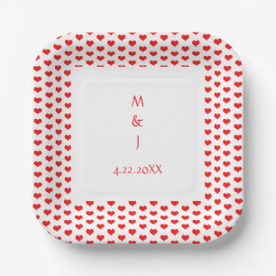 Monogram Red Hearts Couple Name Romantic Wedding  Paper Plate
