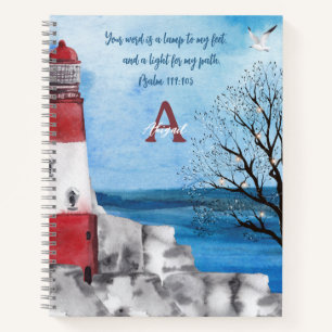 Monogram Red Lighthouse Watercolor Scene Scripture Notebook