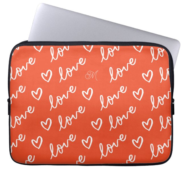 Monogram Red Love Hearts Pattern Laptop Sleeve (Front)