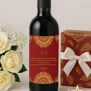 Monogram Red Mandala Indian Wedding Favour Wine Label