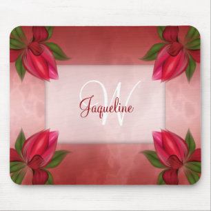Monogram Red Marble Floral Mouse Pad
