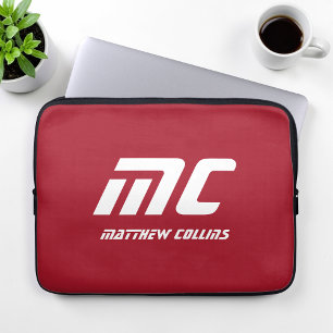 Monogram Red Minimalist Name White Text Custom Laptop Sleeve