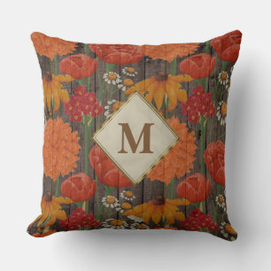 Monogram Red Orange Flowers and Daisies Brown Wood Cushion