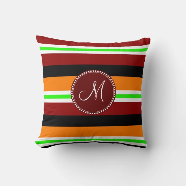 Monogram Red Orange Green Black Striped Pattern Cushion (Front)
