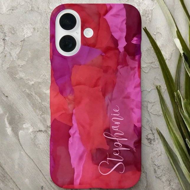 Monogram red pink abstract pattern name simple iPhone 16 case (Creator Uploaded)