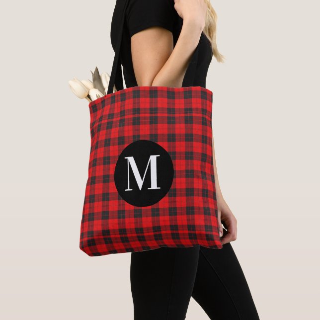Monogram Red Plaid Tote Bag (Close Up)