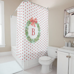 Monogram Red Polka Dot Christmas Wreath Shower Cur Curtain